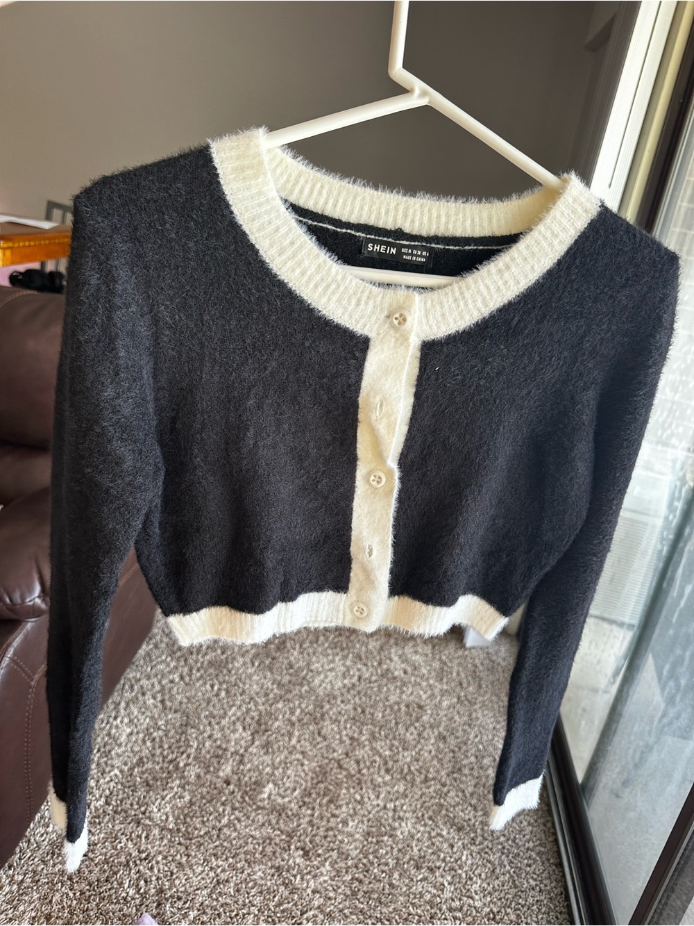 SHEIN Black and Cream Fuzzy Eyelash Cropped Button Cardigan